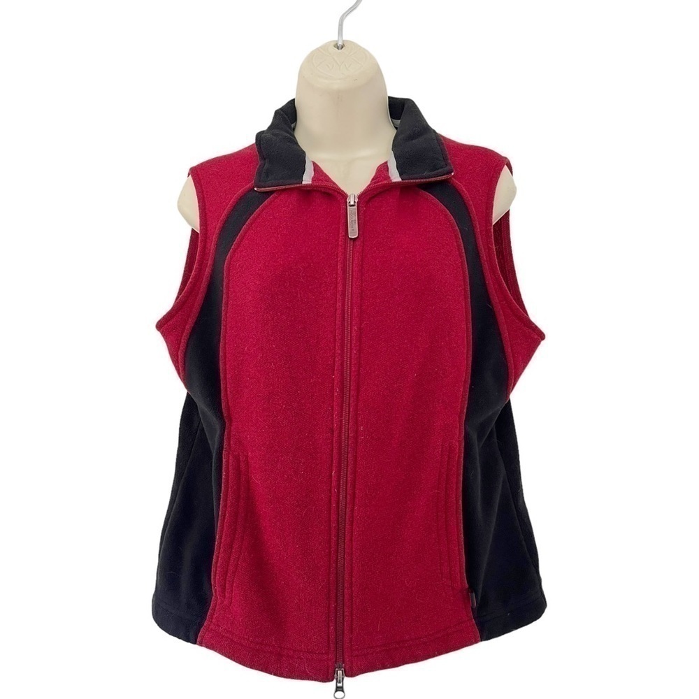 Woolrich Woman's Sz M Red w/ Black Trim Fleece Full Zip Vest Pockets Stretch
